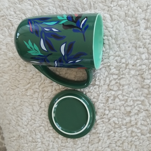 David's Tea coffee mug with lid. Green / blue with Nordic pattern 16 oz. NWOT - Picture 2 of 5